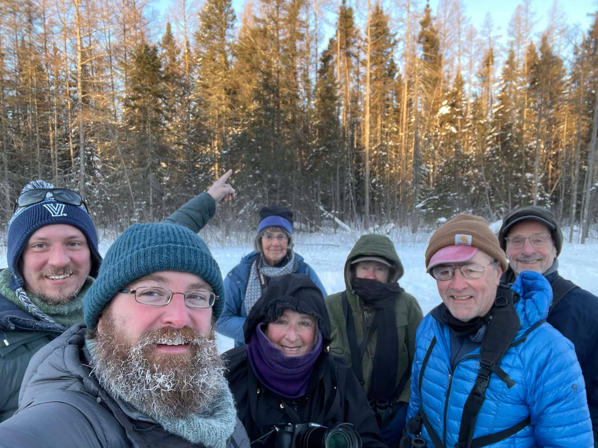 Taking a group selfie with a Great Gray Owl at -36F!